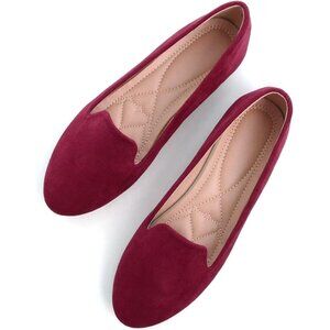Women's Round Toe Flats Comfortable Fashion Ballet Flat Slip-On Loafers Burgundy